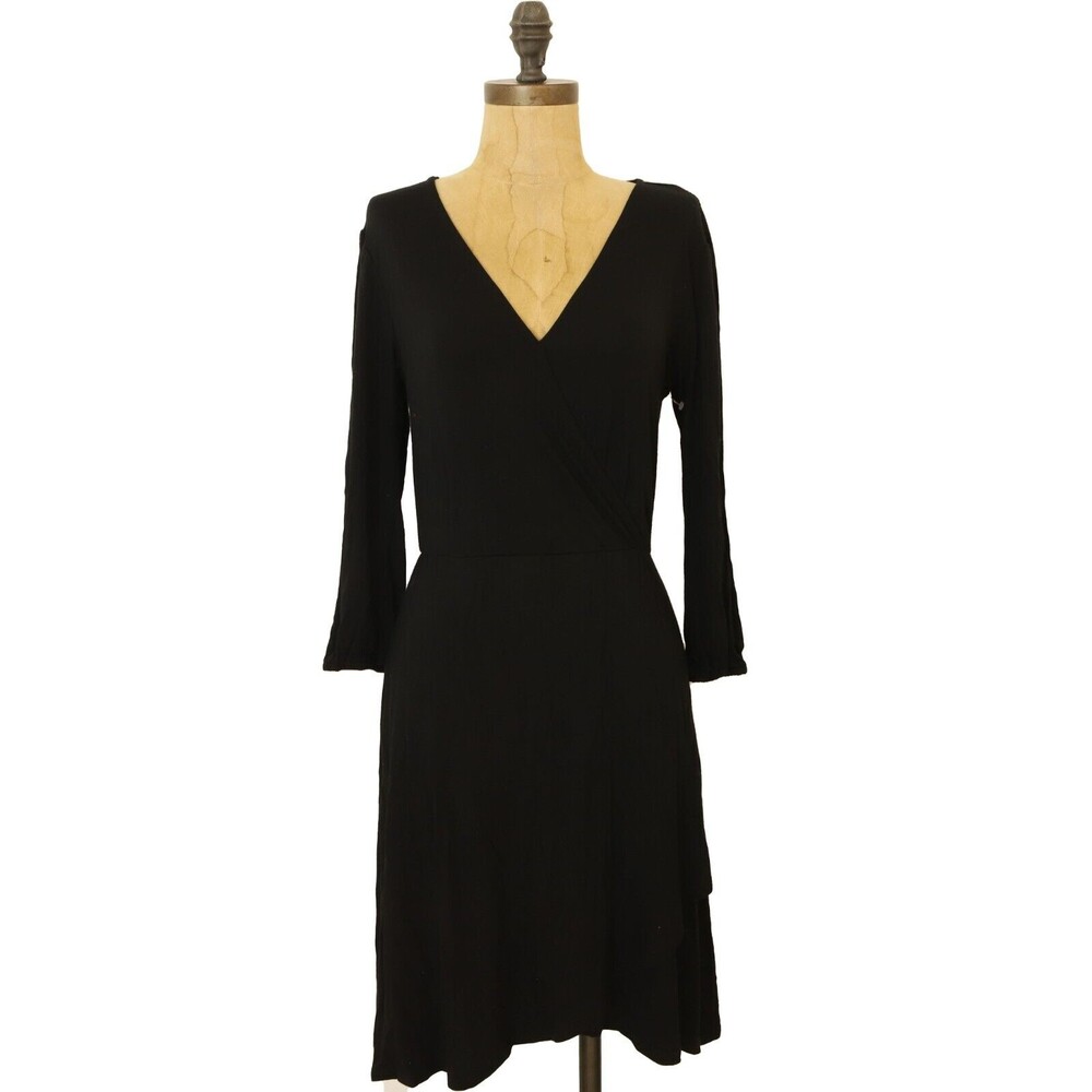 Loveappella Nordstrom Faux Wrap Dress Size S 3/4 Sleeve Jersey Black NEW B81